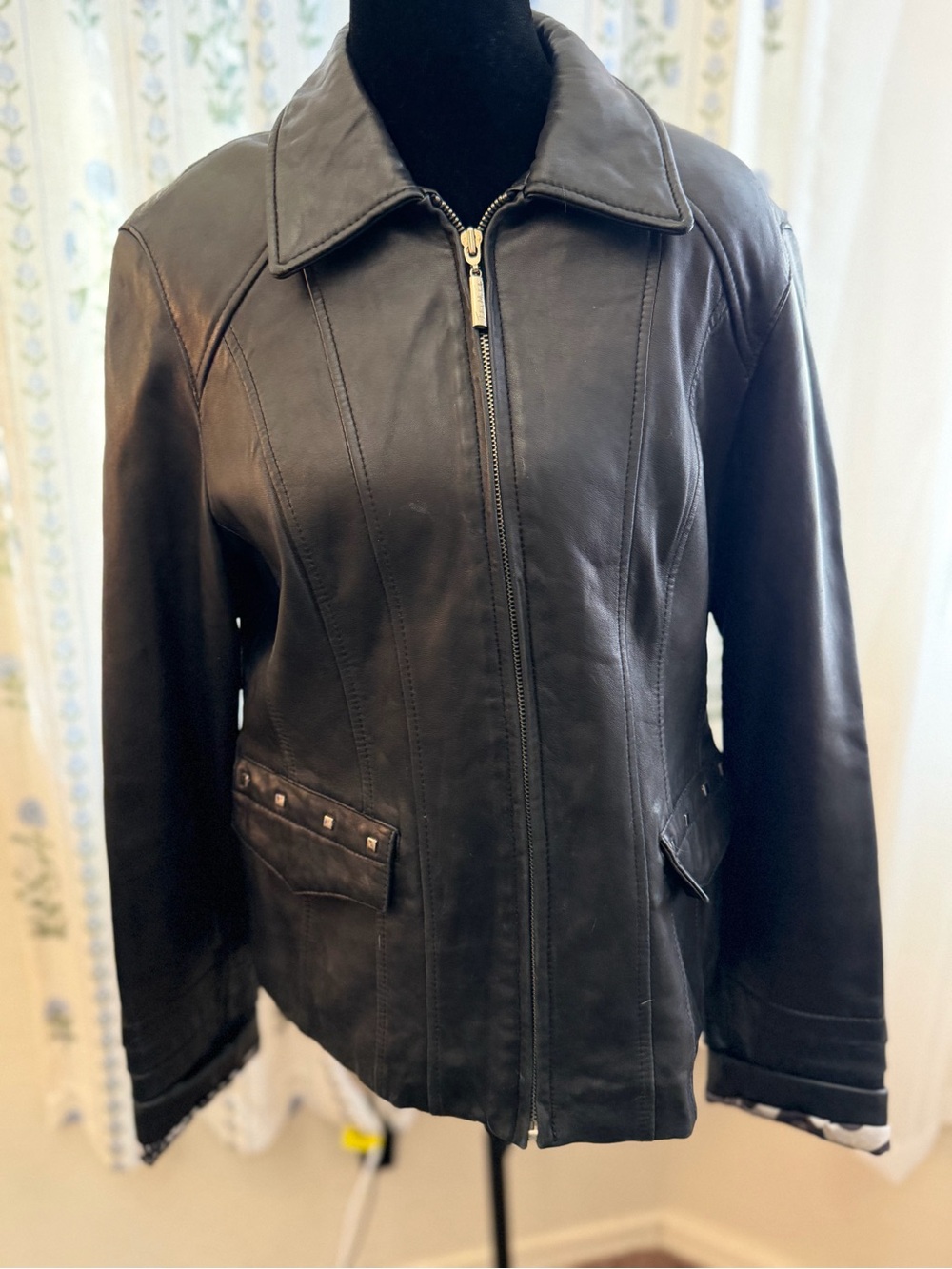 Juliet Michelle Genuine Leather Jacket Black Studded Zip Front Women’s Size L